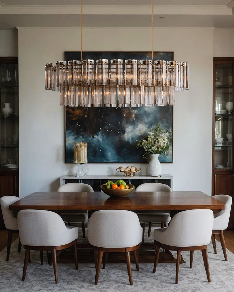 Saint-Cirq Series Refractive Chandelier | Rectangular Tier Reeded Clear and Smoke Glass Panels with Steel, Brushed Black or Brass for Dining Rooms and Entryways American chandelier