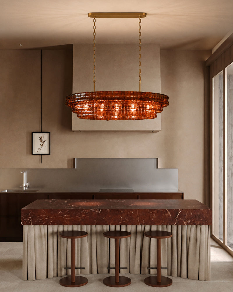 Brina Ghiaccio Amber Pink Murano Glass Oval Linear Chandelier - Textured Ice Glass, Lux Gold Trim - Kitchen Islands & Dining Rooms