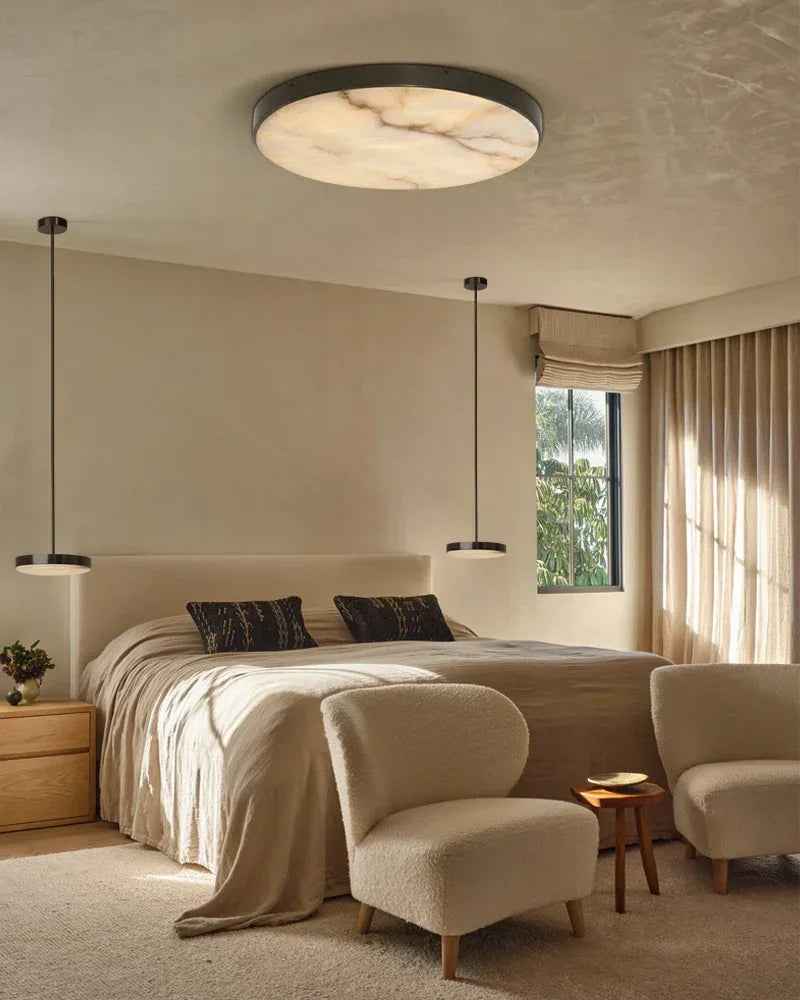 Knokke Series Geometric Flush Mount Ceiling Light | Alabaster Disc Hand-honed translucent stone and solid satin brass, Satin Brass finish for Bedrooms, living rooms, and hallways Modern Ceiling lamp