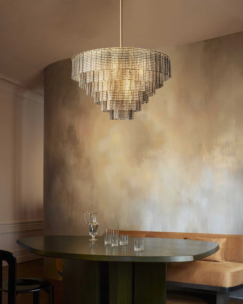 Cassis Series Geometric Chandelier | Multi-Tier Ridged Glass Hand-Sculpted Clear and Smoke Ridged Glass, Polished Architectural finish for Dining Rooms and Grand Foyers American chandelier
