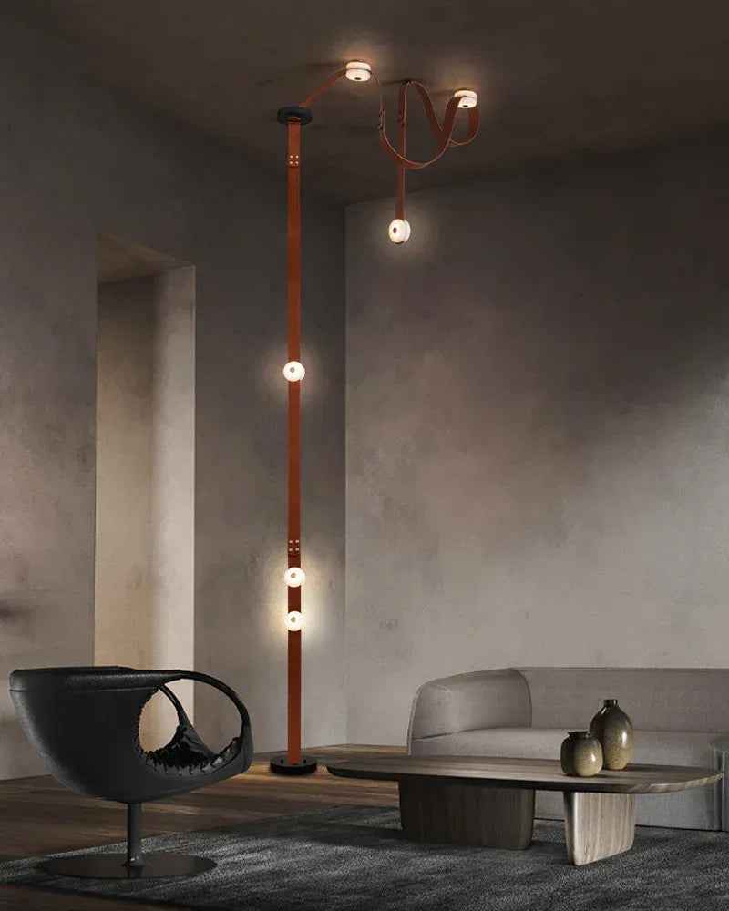 LightsStory Series Geometric Floor-to-Ceiling Lighting | Modular Alabaster Handcrafted white alabaster with fine leather straps, Black Leather Textured for Modern City Apartments and Urban Lofts American standing floor lamp