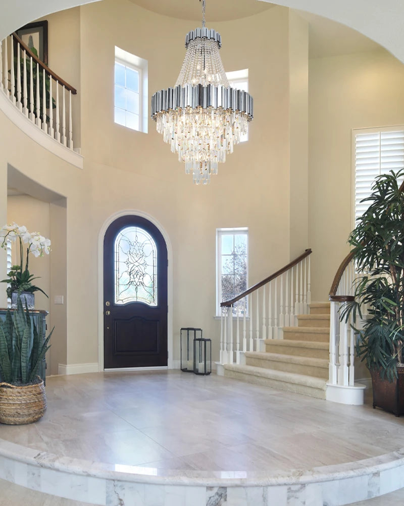 LightsStory Series Cascading Chandelier | Drum Frame Cascading Crystal Gold stainless steel drum frame with hand-strung clear crystals, Premium Gold finish for Grand Foyers, Lobbies, and Dining Rooms Luxury Modern Chandelier