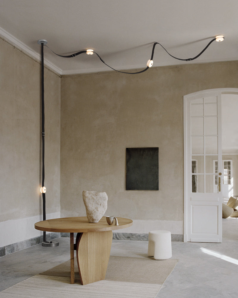 Hubbardton Forge Snaps Small LED Floor-to-Ceiling Light in Brown Leather Finished