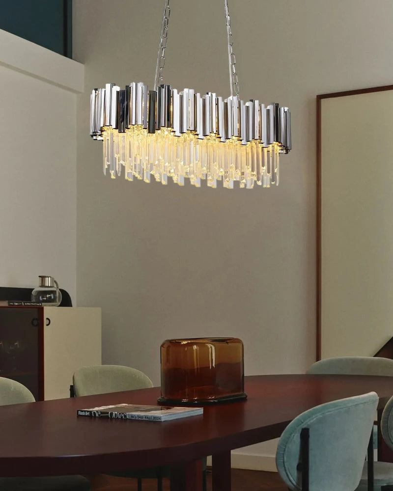 LightsStory Series Cascading Chandelier | Oval Silhouette Cascading K9 Crystals and Premium Stainless Steel, Premium Gold Stainless Steel finish for Dining Rooms and Grand Foyers Luxury Oval Chandelier
