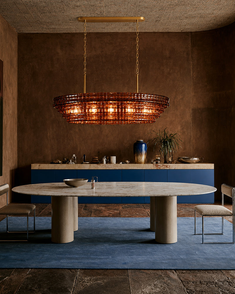 Brina Ghiaccio Amber Pink Murano Glass Oval Linear Chandelier - Textured Ice Glass, Lux Gold Trim - Kitchen Islands & Dining Rooms