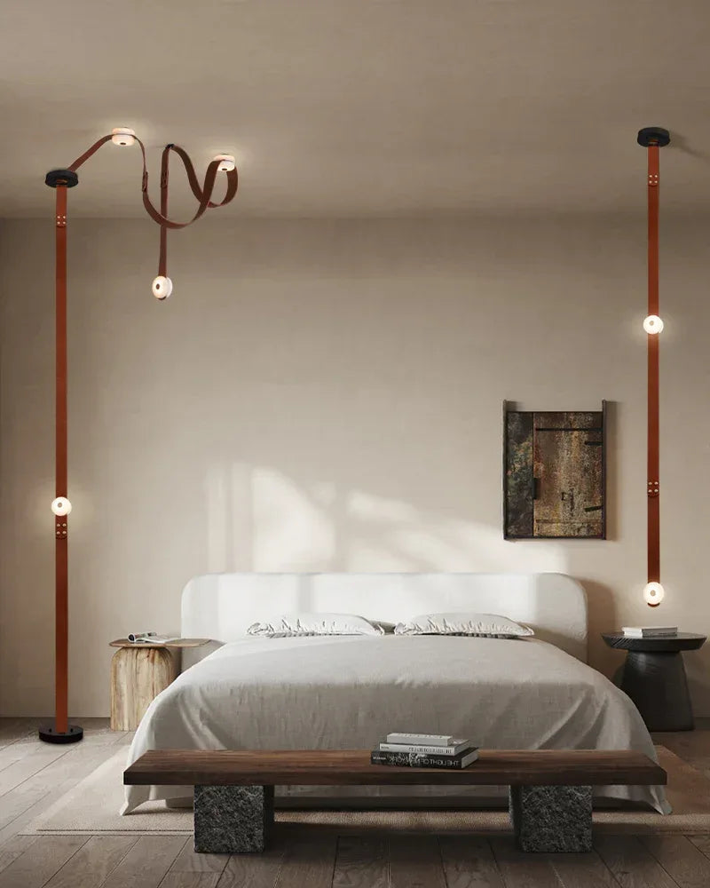 Hubbardton Forge Snaps Small LED Floor-to-Ceiling Light in Brown Leather Finished American standing floor lamp