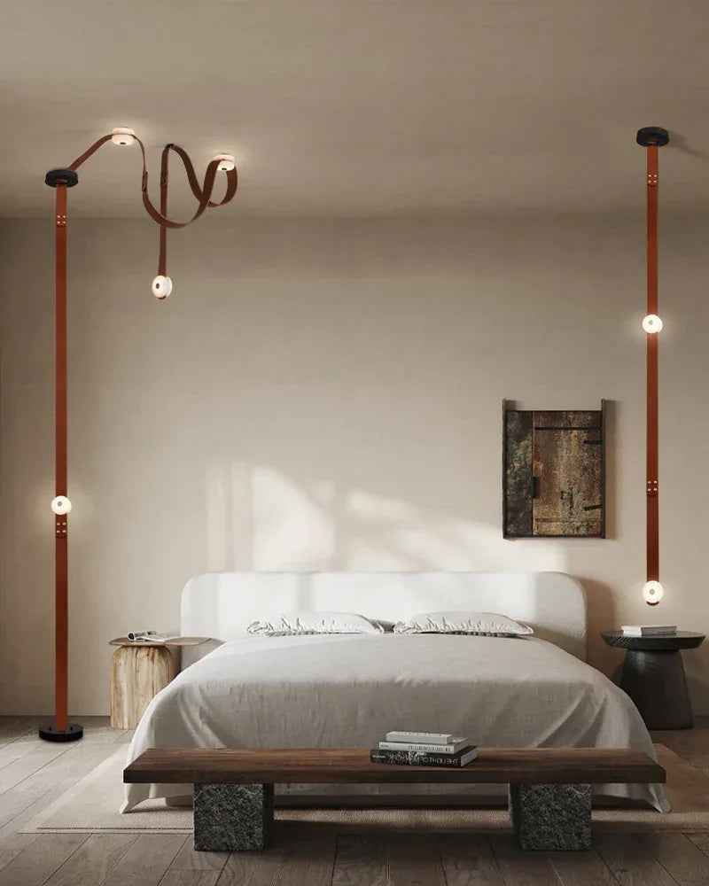 LightsStory Series Geometric Floor-to-Ceiling Lighting | Modular Alabaster Handcrafted white alabaster with fine leather straps, Black Leather Textured for Modern City Apartments and Urban Lofts American standing floor lamp