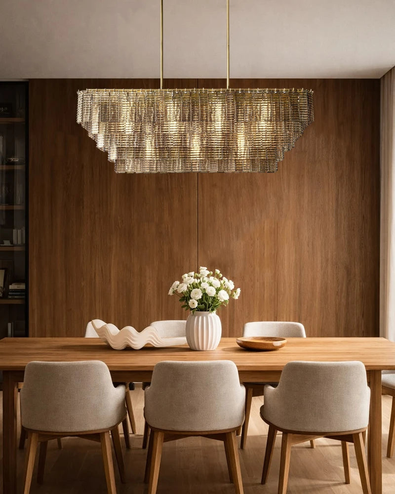 Cassis Series Geometric Chandelier | Multi-Tier Ridged Glass Hand-Sculpted Clear and Smoke Ridged Glass, Polished Architectural finish for Dining Rooms and Grand Foyers American chandelier