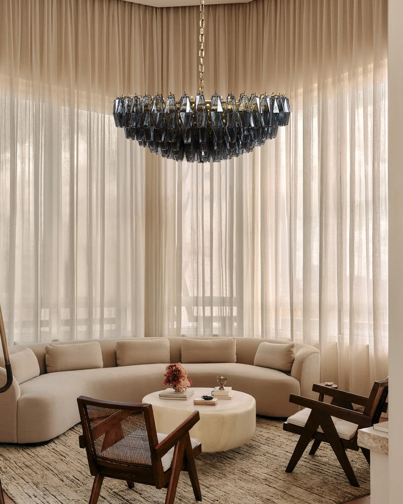 Cortina Murano Glass Multi Tiered Prism Gemstone Chandelier - Handblown Glass, Serene Brass Trim - Living Rooms, Bedrooms, Dining Rooms.