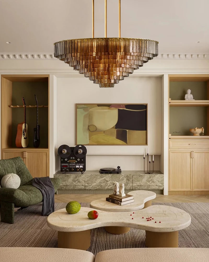 Cassis Series Geometric Chandelier | Multi-Tier Ridged Glass Hand-Sculpted Clear and Smoke Ridged Glass, Polished Architectural finish for Dining Rooms and Grand Foyers American chandelier