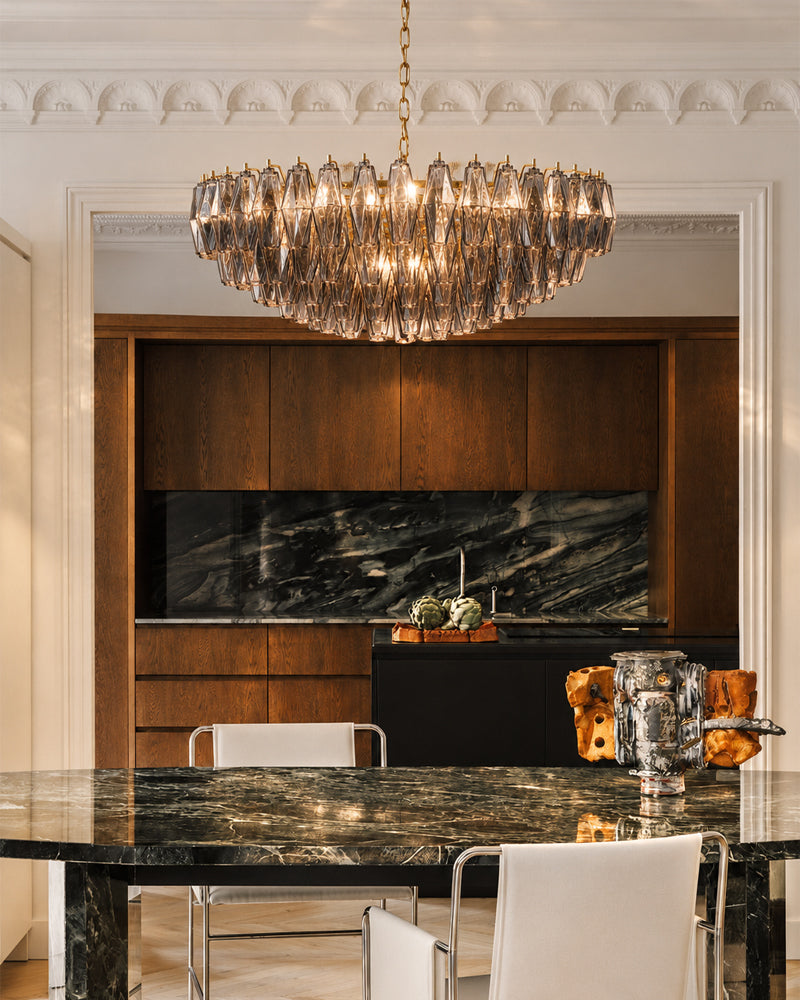 Cortina Murano Glass Multi Tiered Prism Gemstone Chandelier - Handblown Glass, Serene Brass Trim - Living Rooms, Bedrooms, Dining Rooms.