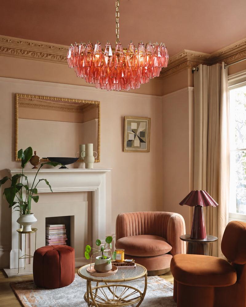 Cortina Hot Pink Neo Classic Murano Glass Chandelier - Hand-Blown Murano Glass, Statement Diamond Trim - Living Rooms, Bedrooms, Dining Rooms