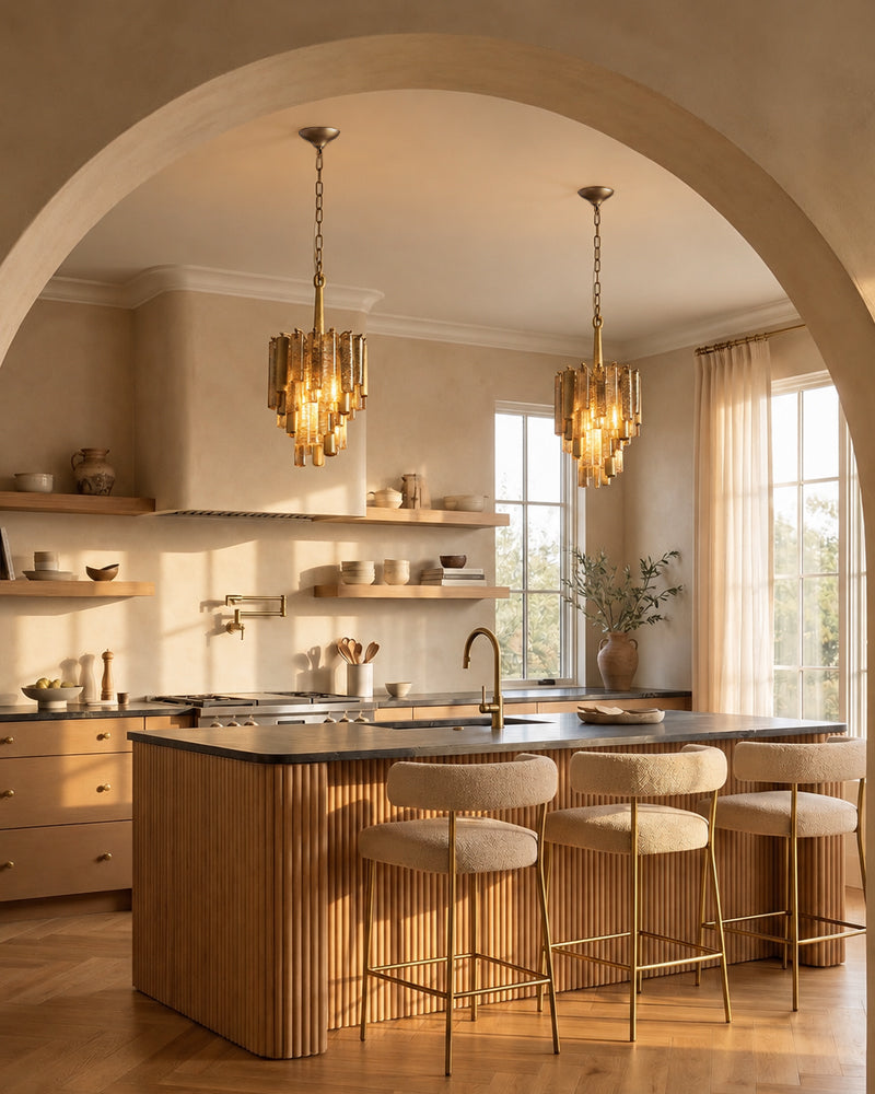 Brass crystal prism pendant light with warm glowing multi-tier glass shades
