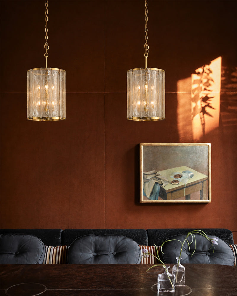Solstice Ghiaccio Glass Lantern Pendant Light - Textured Ice Glass, Lux Gold Trim - Hallways, Foyers, Dining Rooms & Living Rooms