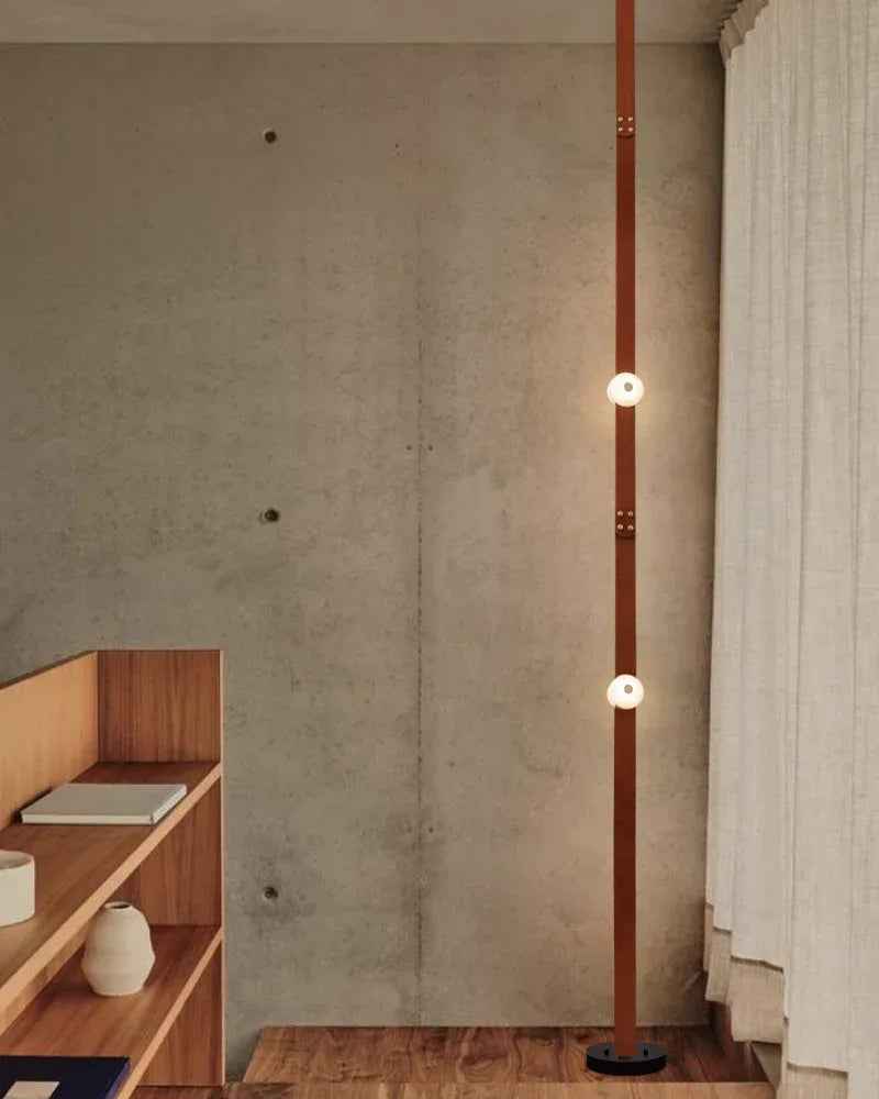 LightsStory Series Geometric Floor-to-Ceiling Lighting | Modular Alabaster Handcrafted white alabaster with fine leather straps, Black Leather Textured for Modern City Apartments and Urban Lofts American standing floor lamp