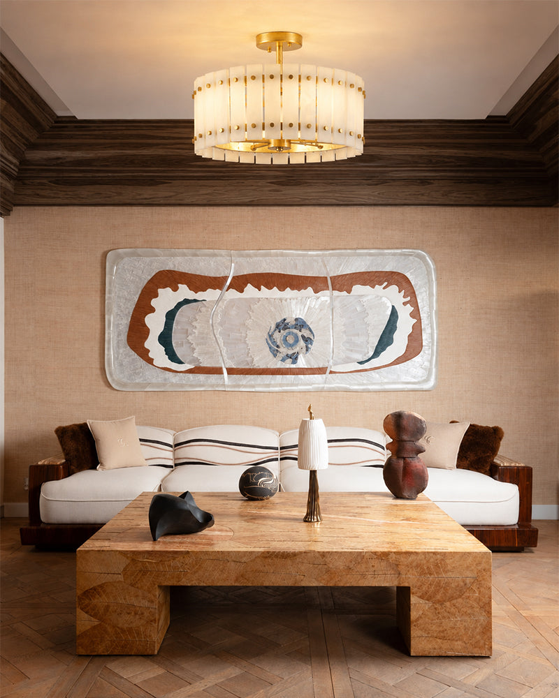 Val D’Isère Alabaster Studded Drum Ceiling Light - Semi Flush Mount, Lux Gold Trim - Living Rooms & Dining Rooms