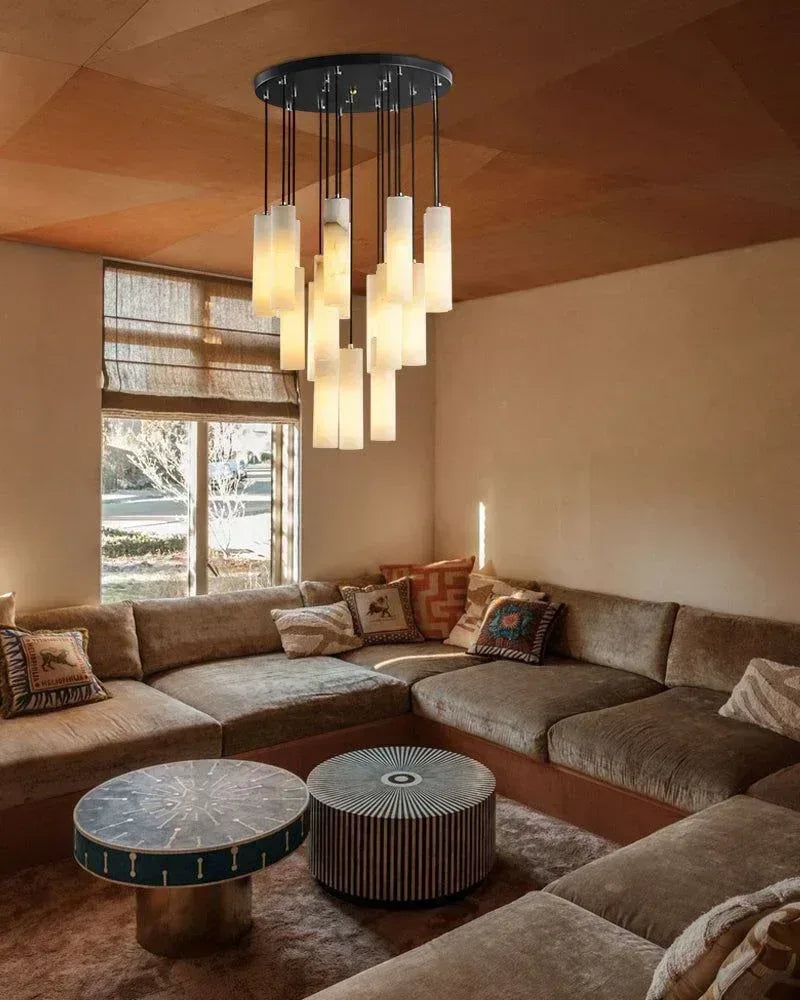 LightsStory Series Geometric Chandelier | Cylinder Cluster Natural White Marble with Unique Veining, Custom Brass finish for Modern bedrooms, living rooms, and grand halls Modern Pendant lamp