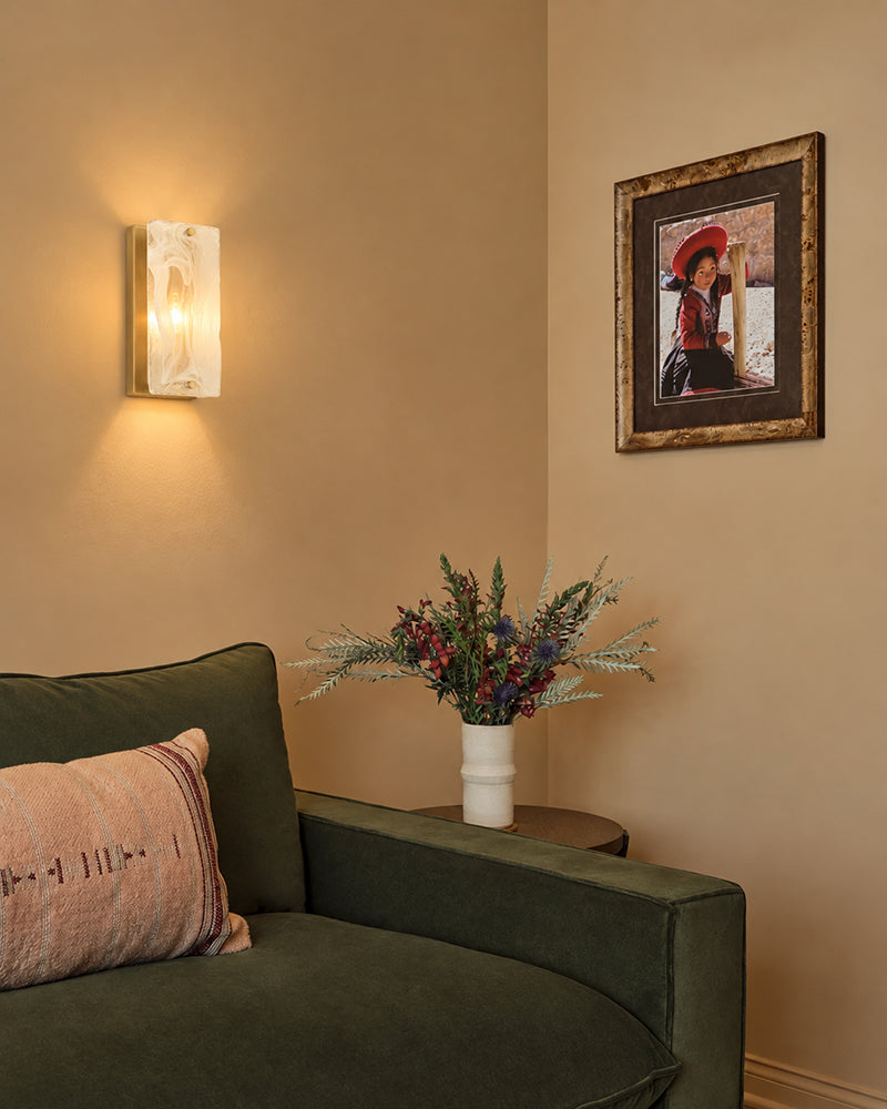 Solstice Ghiaccio Glass Column Wall Light Sconce - Flush Mount, Lux Gold Trim - Hallways, Foyers, Dining Rooms & Living Rooms