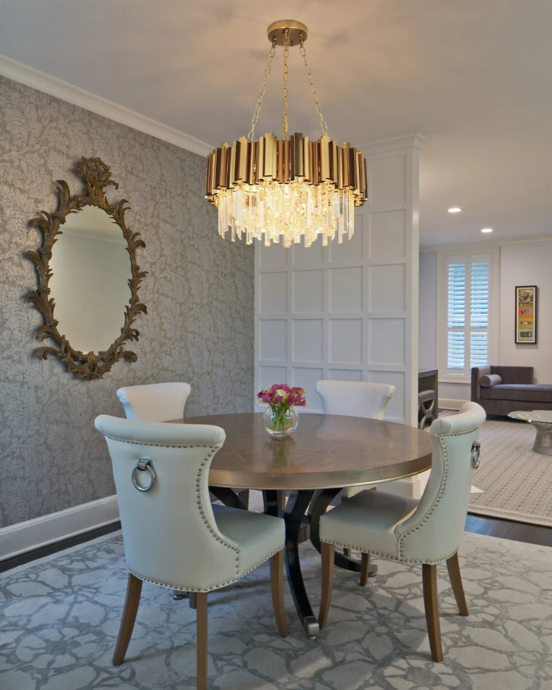 LightsStory Series Cascading Chandelier | Drum Gold stainless steel frame with hand-strung clear crystals, Premium Gold finish for Dining Rooms and Grand Foyers Luxury Drum Round Chandelier