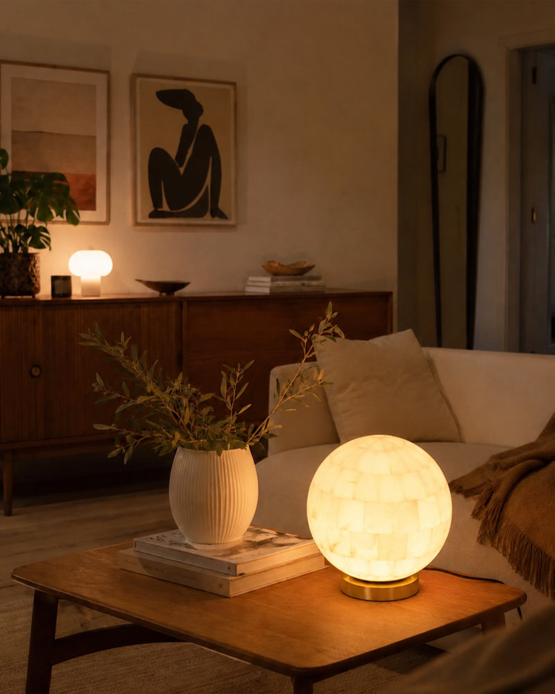 Alabaster Sphere Globe Orb Table Lamp - Handmade Nature Stone - Bedroom & Living Room
