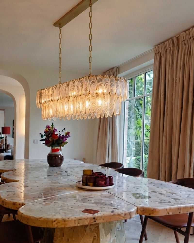 Rectangular two-tier clear glass chandelier with brass frame and hanging chain
