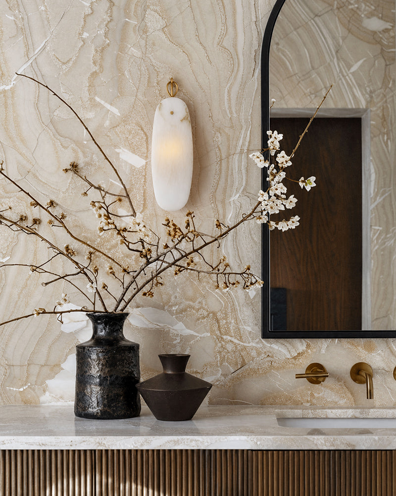 Moritz Alabaster Textured Oval Globe Wall Light - Natural Spanish Alabaster, Serene Matte, Custom Trim - Luxury Home Interior Lighting