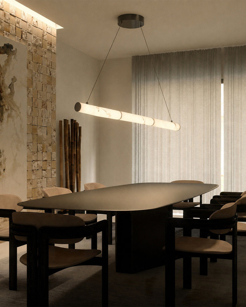 Cora Alabaster Linear Halo Pendant Light - Natural Spanish Alabaster, Lux Gold Trim - Kitchen Islands & Dining Rooms