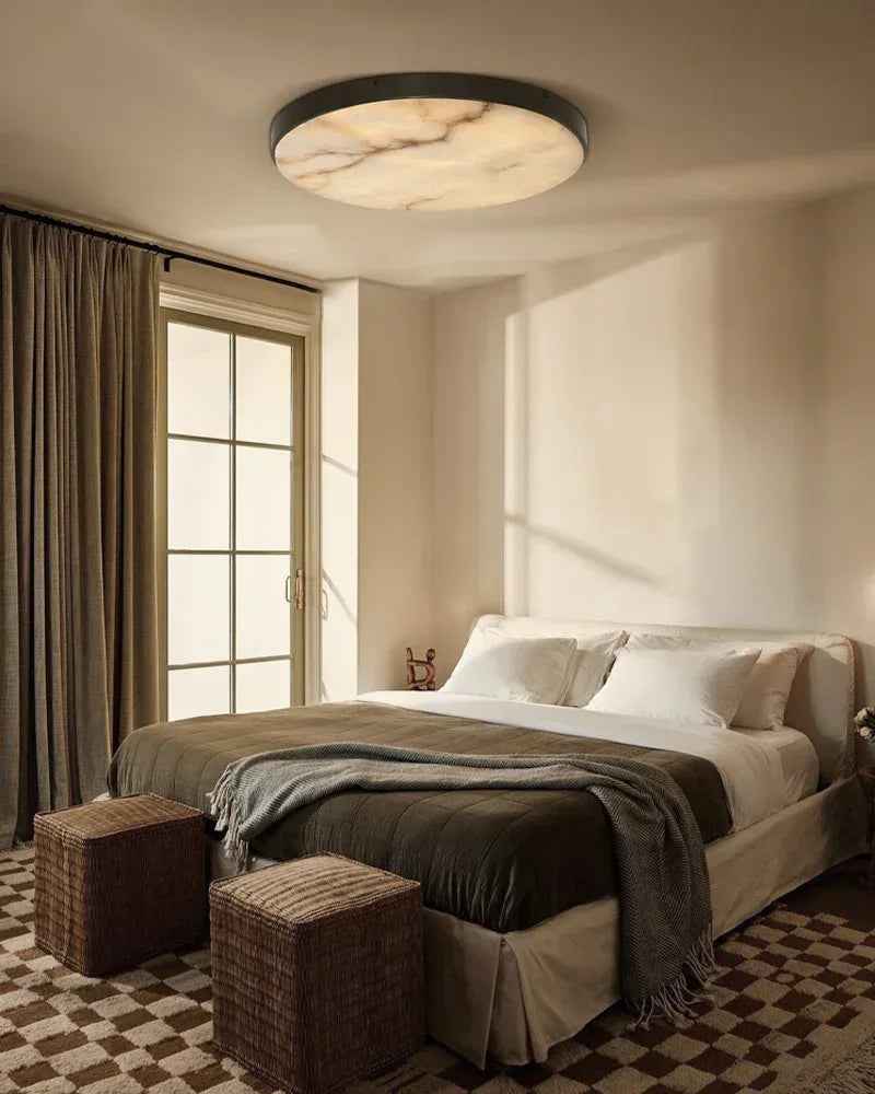 Knokke Series Geometric Flush Mount Ceiling Light | Alabaster Disc Hand-honed translucent stone and solid satin brass, Satin Brass finish for Bedrooms, living rooms, and hallways Modern Ceiling lamp