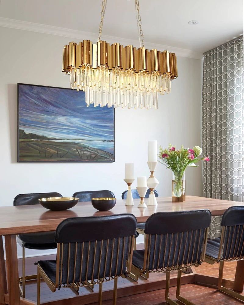 LightsStory Series Cascading Chandelier | Oval Silhouette Cascading K9 Crystals and Premium Stainless Steel, Premium Gold Stainless Steel finish for Dining Rooms and Grand Foyers Luxury Oval Chandelier