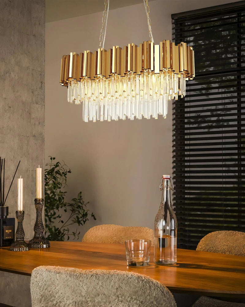 LightsStory Series Cascading Chandelier | Oval Silhouette Cascading K9 Crystals and Premium Stainless Steel, Premium Gold Stainless Steel finish for Dining Rooms and Grand Foyers Luxury Oval Chandelier