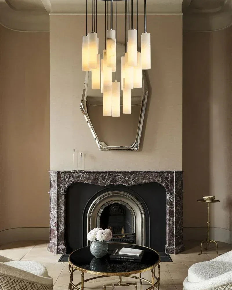 LightsStory Series Geometric Pendant Light | Cylinder Cluster Natural White Marble, Brushed Brass finish for Modern bedrooms, living rooms, and halls Modern Pendant lamp