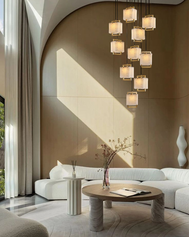 Elegant Cluster Alabaster Dome Suspension Light Lacquered Burnished Brass for hallway