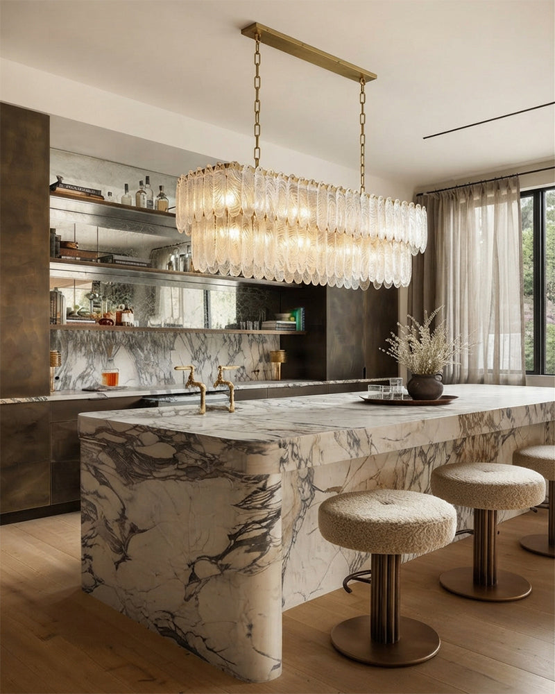 Rectangular two-tier clear glass chandelier, brass bar mount with dangling glass rods