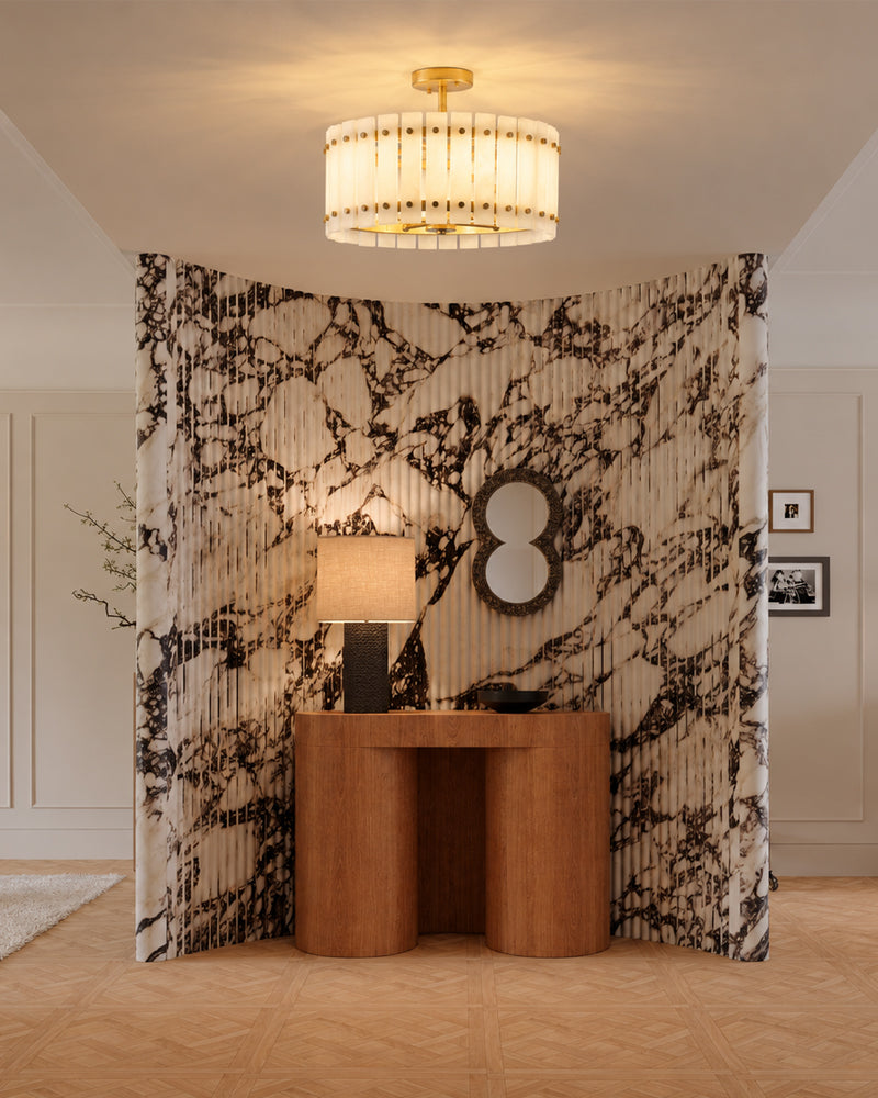 Val D’Isère Alabaster Studded Drum Ceiling Light - Semi Flush Mount, Lux Gold Trim - Living Rooms & Dining Rooms