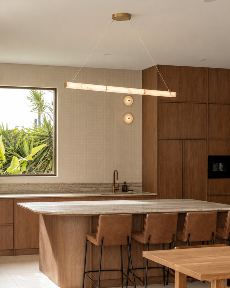 Cora Alabaster Linear Halo Pendant Light - Natural Spanish Alabaster, Lux Gold Trim - Kitchen Islands & Dining Rooms
