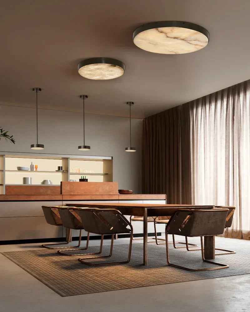 Knokke Series Geometric Ceiling Mount Light | Dome Hand-honed stone disc with organic striations, Solid satin brass for Living rooms, bedrooms, and hallways Modern Ceiling lamp