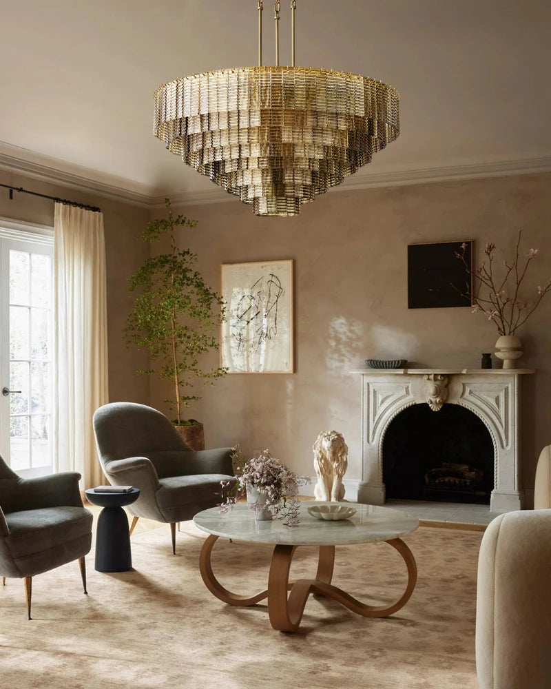 Cassis Series Geometric Chandelier | Multi-Tier Ridged Glass Hand-Sculpted Clear and Smoke Ridged Glass, Polished Architectural finish for Dining Rooms and Grand Foyers American chandelier