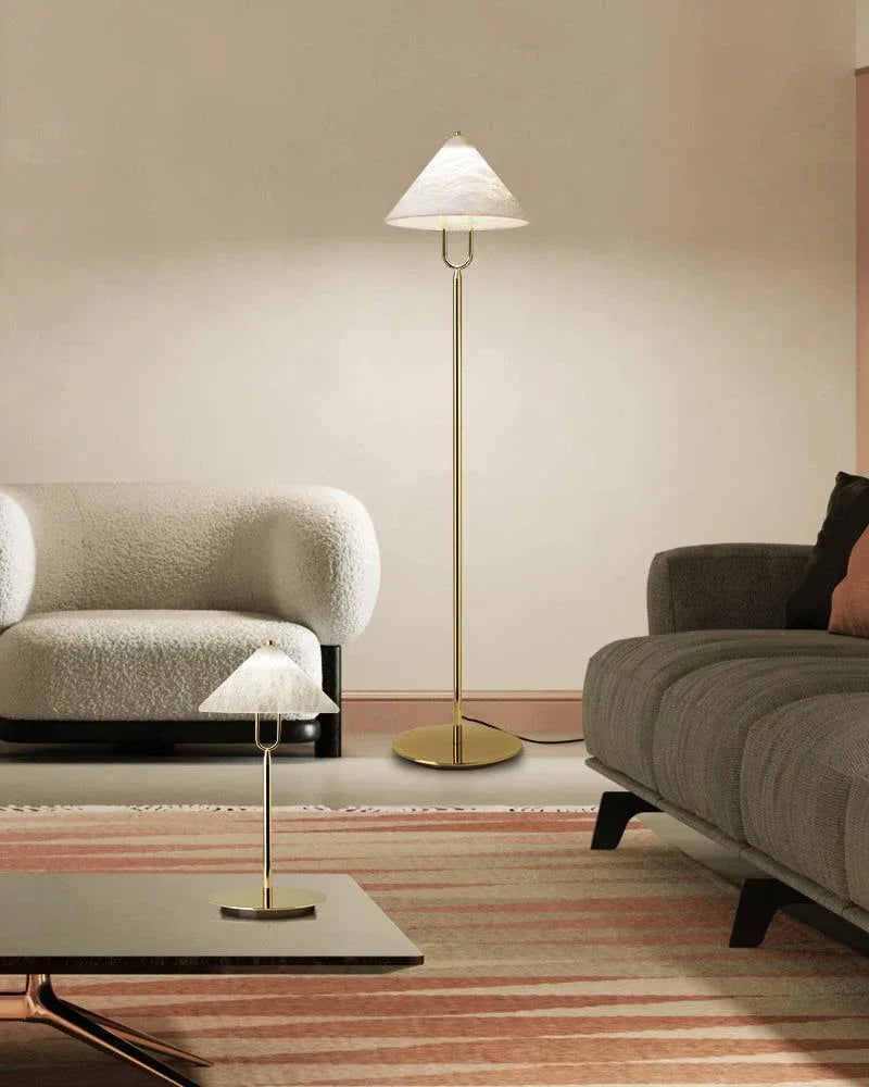 Fuji Aluminum Golden Rod LED Cone Alabaster High Floor Lamp H 55" Modern Designer Floor Lamp