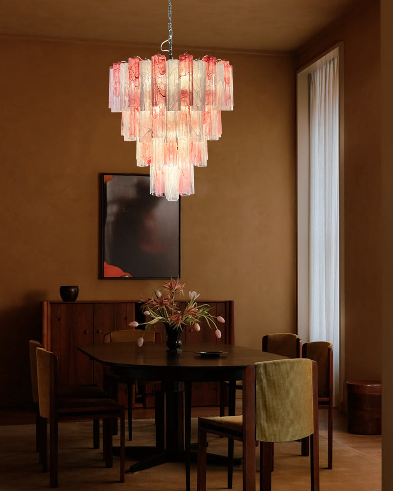 Cortina Murano Glass Ethereal Pink Multi Tier Cascade Chandelier - Hand Blown Glass, Lux Gold Trim - Living Rooms & Dining Rooms