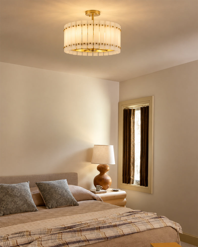 Val D’Isère Alabaster Studded Drum Ceiling Light - Semi Flush Mount, Lux Gold Trim - Living Rooms & Dining Rooms