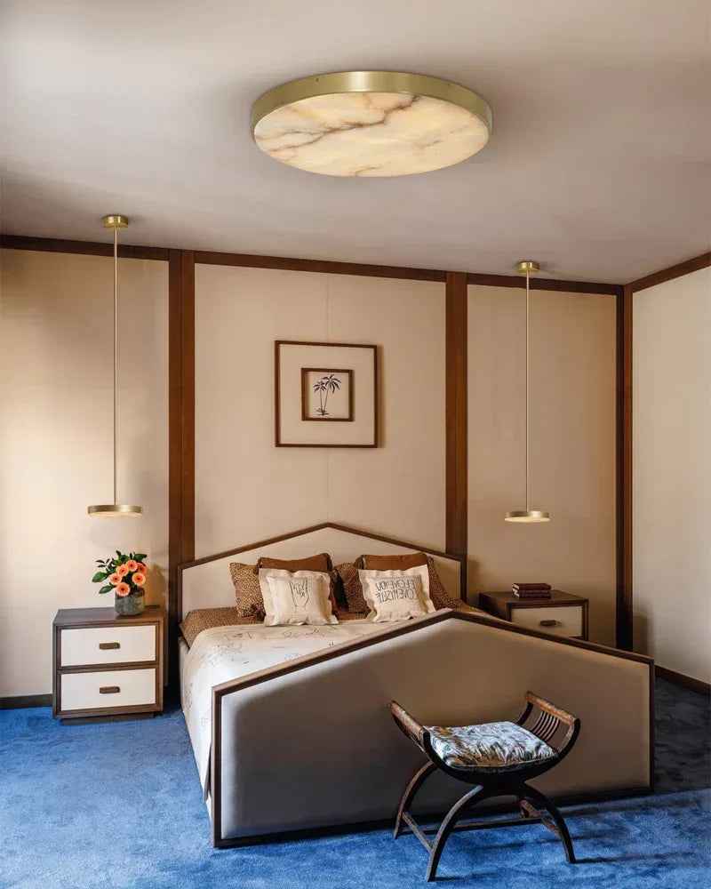 Knokke Series Geometric Flush Mount Ceiling Light | Alabaster Disc Hand-honed translucent stone and solid satin brass, Satin Brass finish for Bedrooms, living rooms, and hallways Modern Ceiling lamp