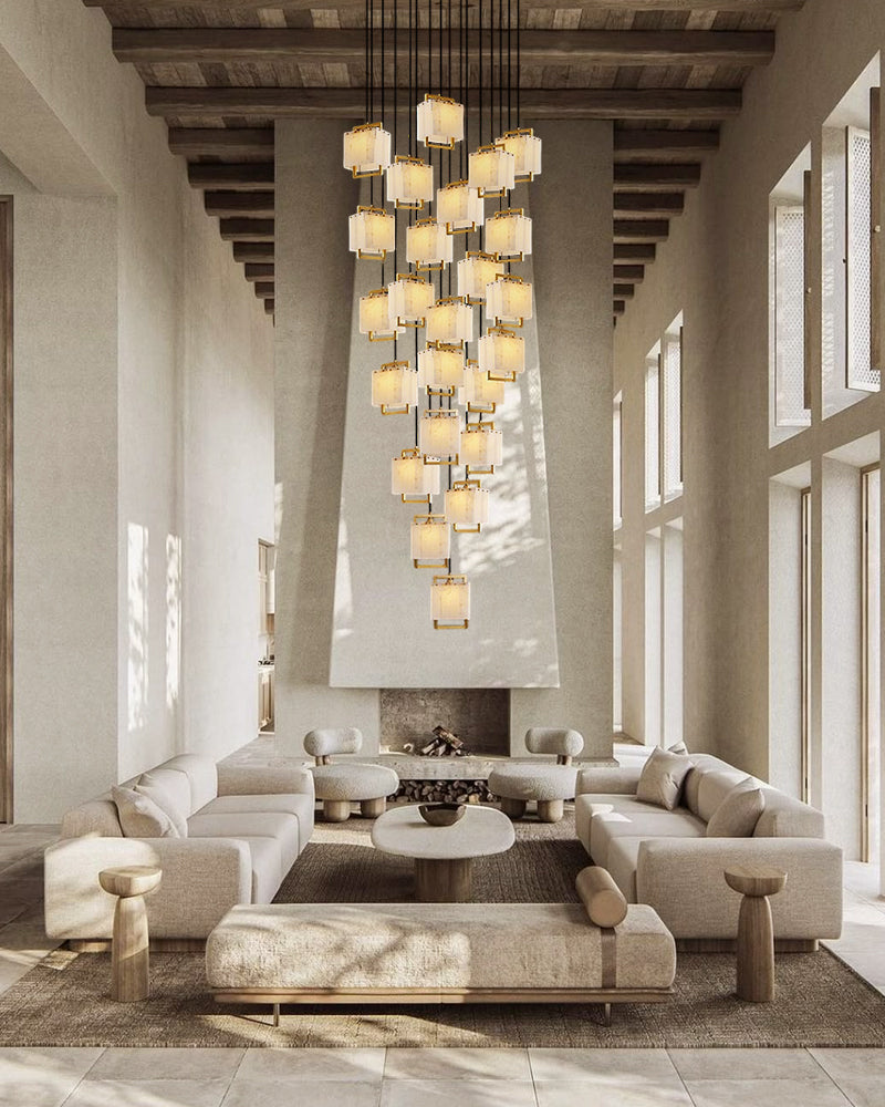 Elegant Cluster Alabaster Dome Suspension Light Lacquered Burnished Brass for hallway