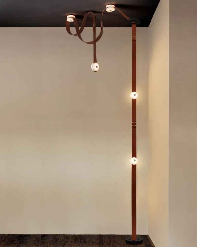 LightsStory Series Geometric Floor-to-Ceiling Lighting | Modular Alabaster Handcrafted white alabaster with fine leather straps, Black Leather Textured for Modern City Apartments and Urban Lofts American standing floor lamp