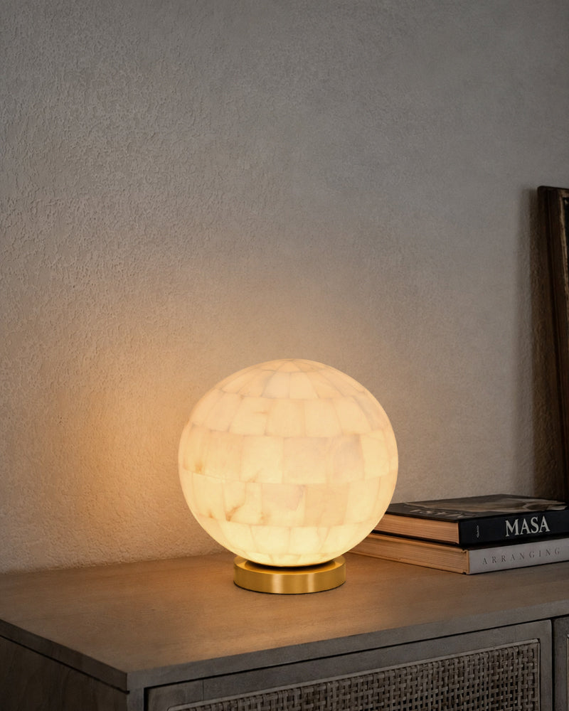 Alabaster Sphere Globe Orb Table Lamp - Handmade Nature Stone - Bedroom & Living Room