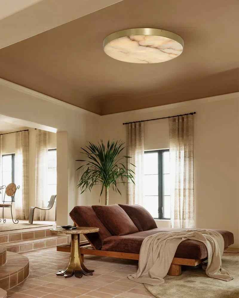 Knokke Series Geometric Flush Mount Ceiling Light | Alabaster Disc Hand-honed translucent stone and solid satin brass, Satin Brass finish for Bedrooms, living rooms, and hallways Modern Ceiling lamp