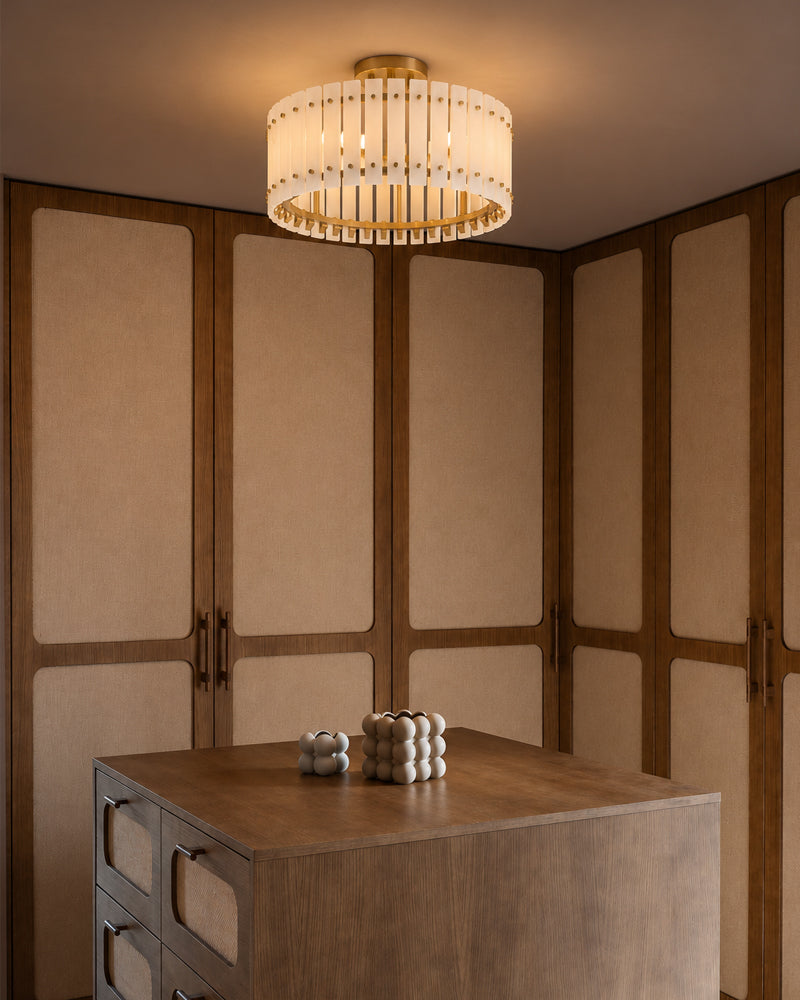 Burton Alabaster Gold Studded Panel Drum Ceiling Light - Natural Spanish Alabaster Panels, Semi Flush Mount, Lux Gold Trim - Bedrooms, Living Rooms & Dining Rooms