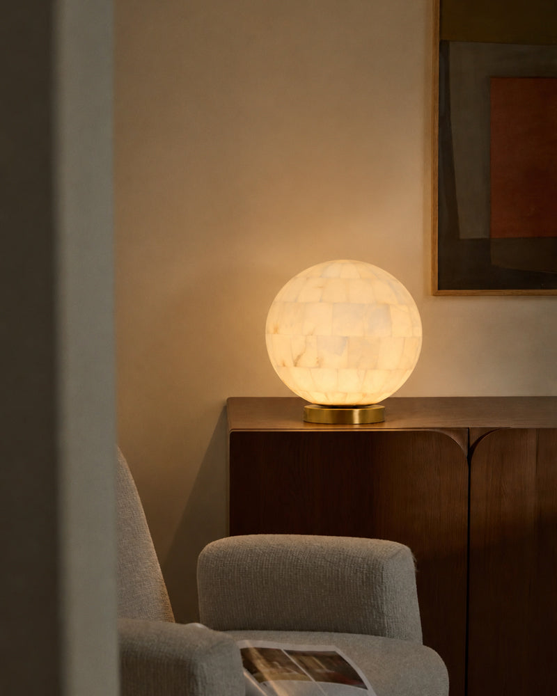 Alabaster Sphere Globe Orb Table Lamp - Handmade Nature Stone - Bedroom & Living Room