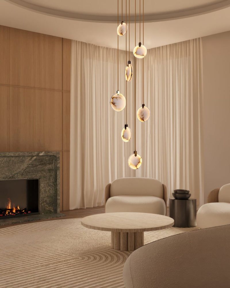 Cluster Spanish Marble Round Pendants Staircase Chandeliers Lighting Brass Finished