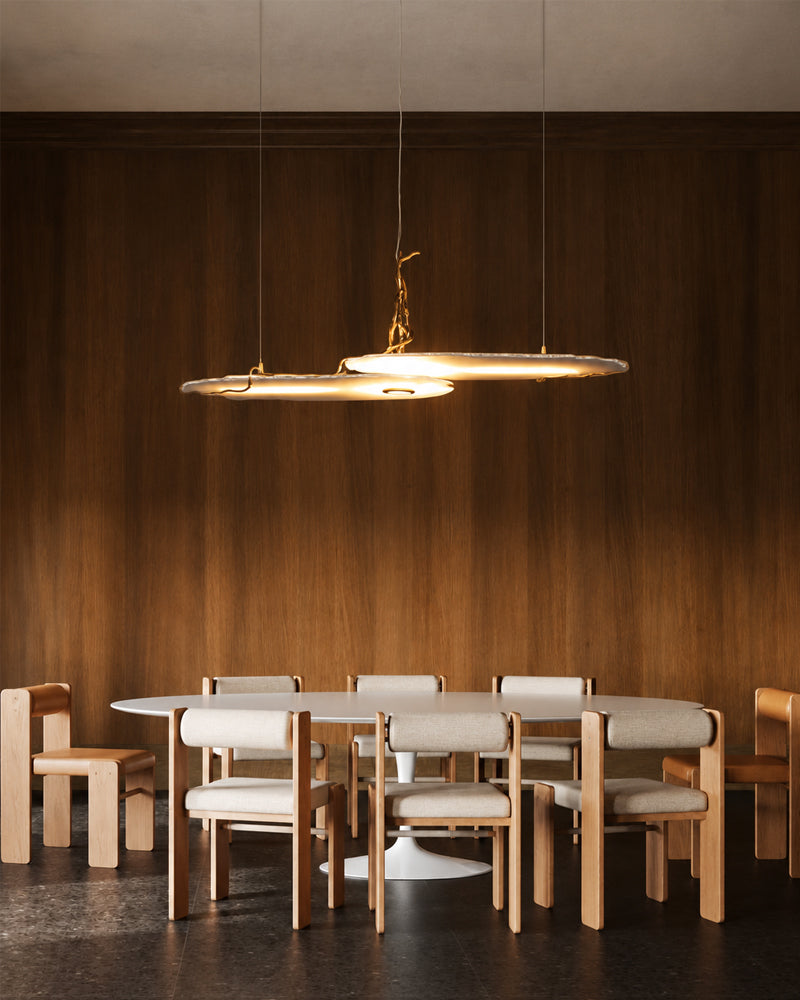 Alabaster Sculptural Natural Agate Slice Twisted Brass Vine Pendant Light - Natural Spanish Alabaster Slices, Lux Gold Trim - Kitchens, Dining & Living Rooms