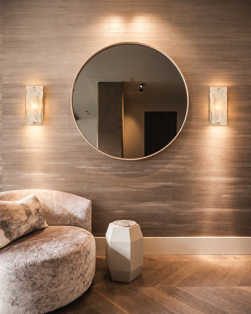 Solstice Ghiaccio Glass Column Wall Light Sconce - Flush Mount, Lux Gold Trim - Hallways, Foyers, Dining Rooms & Living Rooms